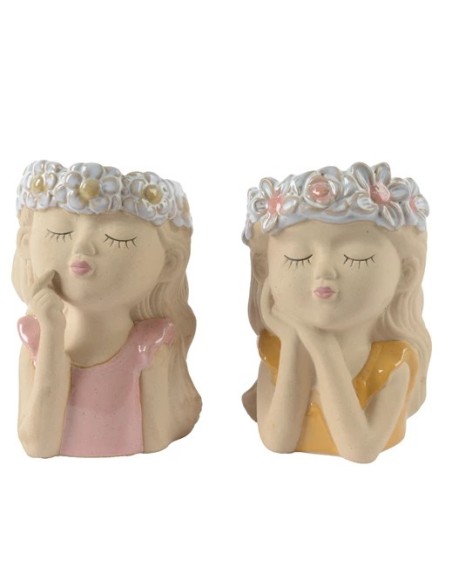 MACETA GRES NIÑA CON FLORES L10.4XW11.2XH16.7CM