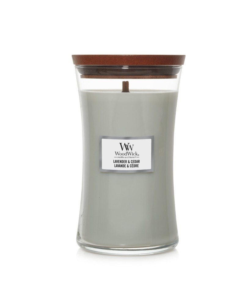 Vela grande WoodWick Lavender & Cedar | Aroma relajante de lavanda y cedro