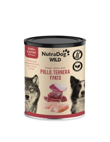 NutraDog WILD Pollo, Ternera y Pato  Comida Húmeda 100% Natural para Perros, Sin Aditivos ni Cereales, en su Propio Jugo