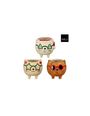 Maceta Gato Blanco Beige Marrón 11.5x11.5 cm Decorativa para Plantas Pequeñas
