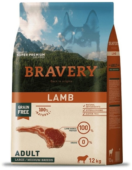 Bravery Adult Mediano-Grande Cordero 12kg | Pienso natural sin cereales para perros adultos | Endanea Mascotas