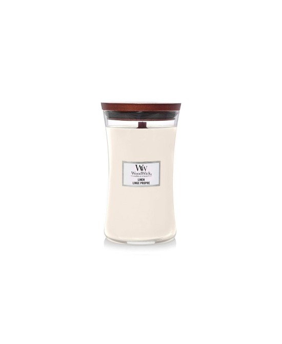 Vela grande WoodWick Linen | Aroma fresco y limpio a ropa recién lavada