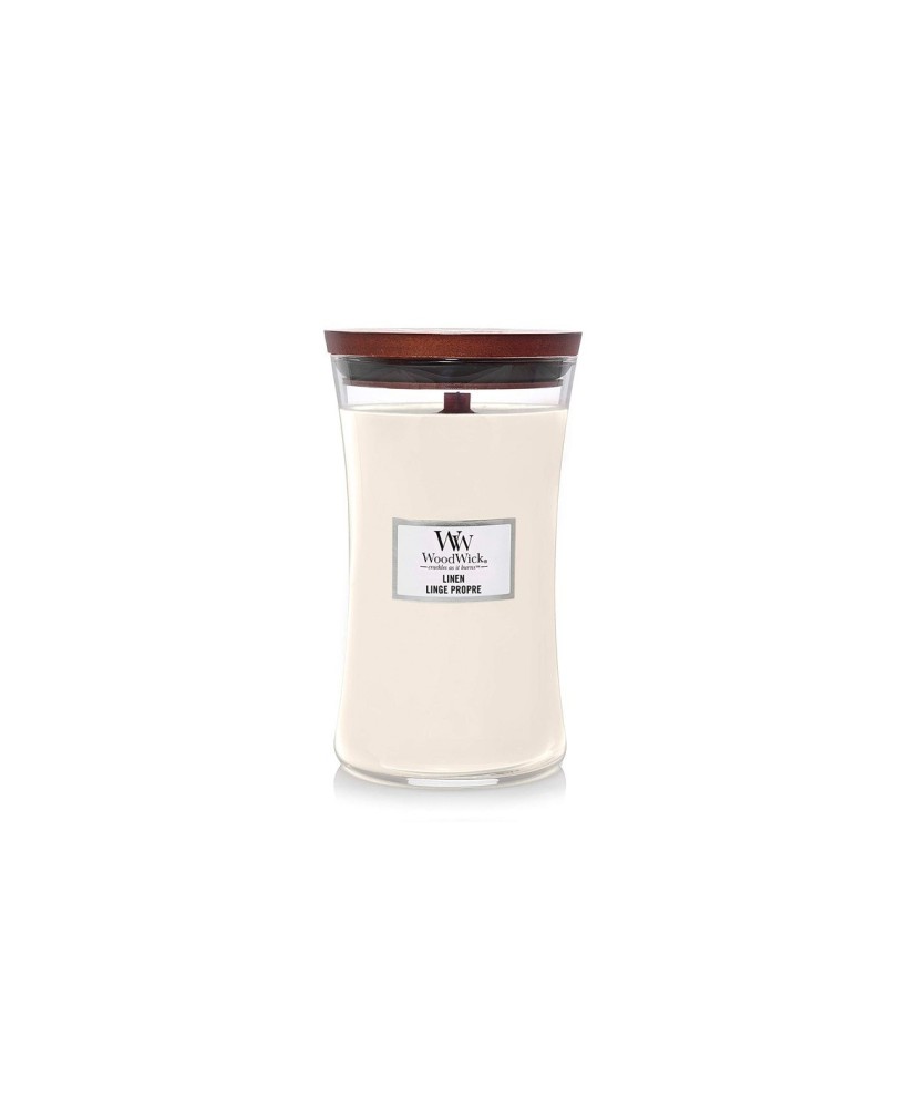 Vela grande WoodWick Linen | Aroma fresco y limpio a ropa recién lavada