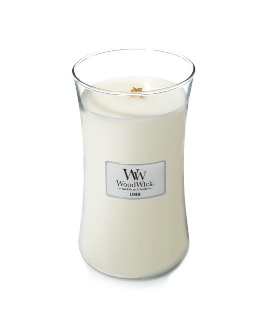 Vela grande WoodWick Linen | Aroma fresco y limpio a ropa recién lavada
