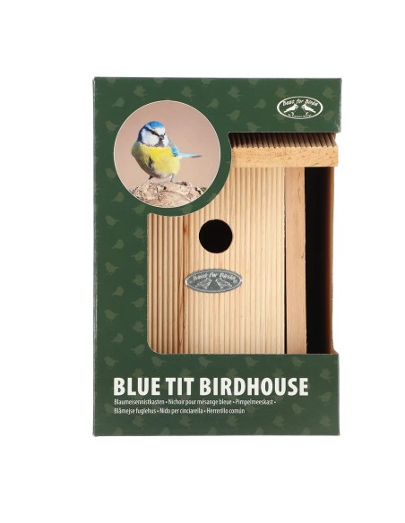 Casa refugio azul para aves de invierno | Protección y decoración exterior